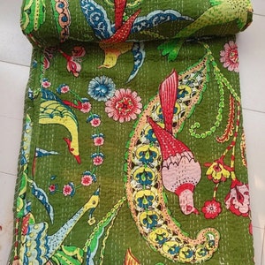 Green Bird Print Kantha Quilt: Handmade Cotton Bedspread