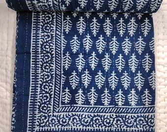 Indigo Blue Kantha Quilt Handmade Kantha Blanket Blue Kantha Bedcover Hand Stitching Kantha Quilt Indigo Blue Kantha Quilt Indigo Bedding