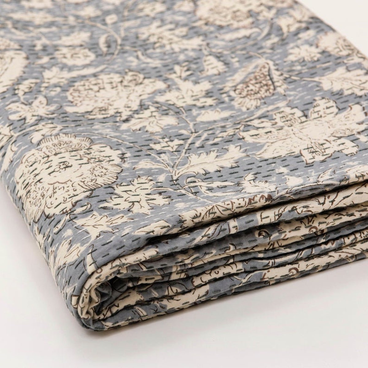 Beautiful Grey Leafy Print Kantha Quilt Indian Hand Block Print Kantha Quilt Reversible Cotton Bedding Bedspread King Size Kantha Gudari - Etsy