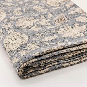 Beautiful Grey Leafy Print kantha quilt Indian hand block print kantha quilt Reversible cotton Bedding Bedspread King Size Kantha Gudari