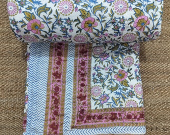 Indischer Handblockdruck Quilt Jaipuri Bedruckte Wendedecke Baumwolle Handgefertigte Blumendecke, Jaipuri Razai, Tagesdecke Tröster