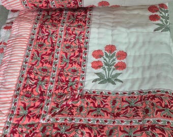 Jaipuri Quilt King Size | Handmade Red Floral Block Print Cotton Reversible Razai | Indian Bedding