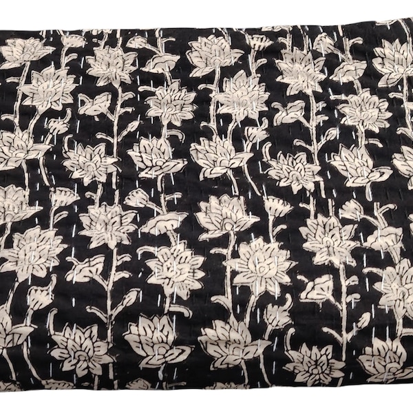 Black Floral Kantha Quilt: Indian Block Print Handmade King Size Bedspread