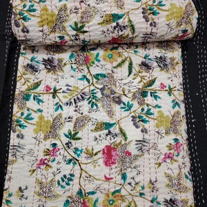 Floral Kantha Quilt: Handmade Indian Cotton Boho Bedspread