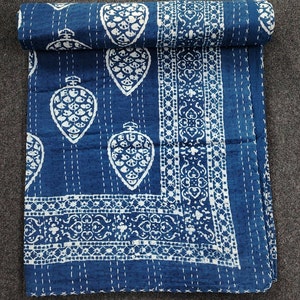 Indigo Kantha Quilt: Hand Stitched Cotton Blanket, King/Queen Size