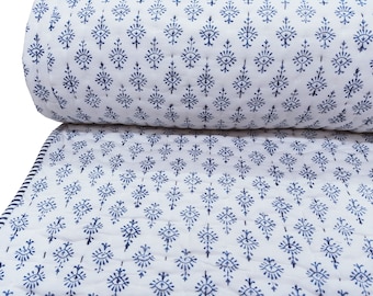 Colcha de algodão estampada à mão, colcha botânica floral azul