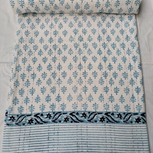 Floral Hand Block Print Kantha Quilt: Vintage Indian Cotton Bedspread