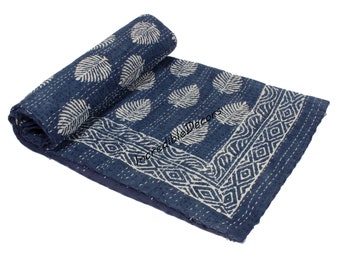 Indigo Handmade Cotton Kantha Quilt Blue Hand Block Cotton Kantha Throw  Kantha Indigo Blue Quilt Indian Kantha Bedspread Bedding Bedcover