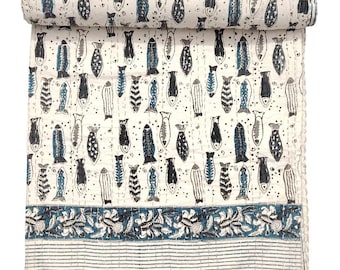 Fish Print Kantha Quilt | Handmade Cotton Block Print Bedspread | Blue White Boho Indian Bedding