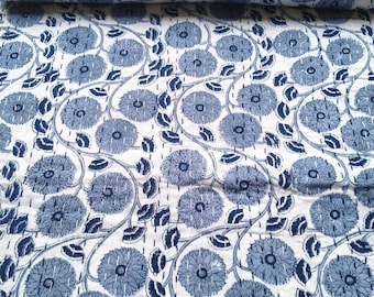 Hand Block Print Kantha Quilt: Purple Floral Indian Bedspread