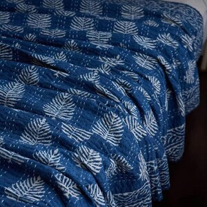 Indigo Blue Floral Print Kantha Quilt, Hand-Stitched Cotton King Size Reversible Bedspread  Handmade Blanket