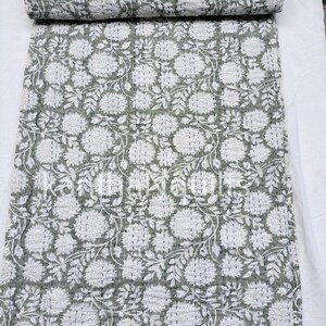 Gray Floral Kantha Quilt: Handmade Indian Cotton Bedspread