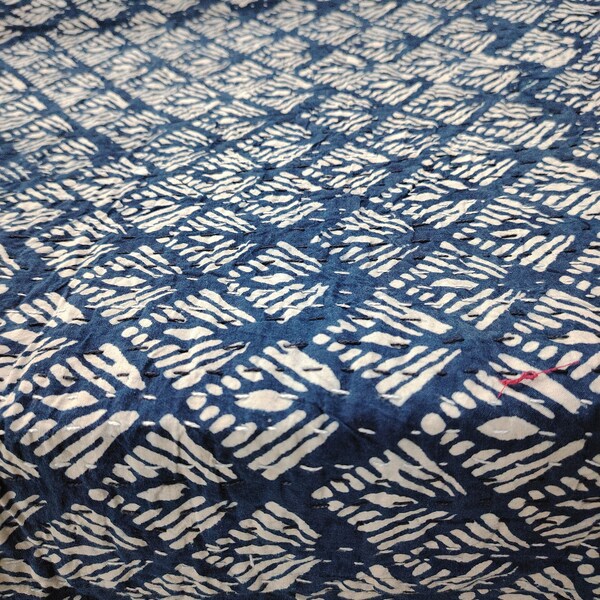 Indigo Kantha Quilt: Handgemachte Handblockdruck Bettwäsche aus Baumwolle