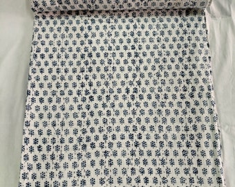 Handmade Floral Print Blue Kantha Quilt: Indian Cotton Bedspread King Size