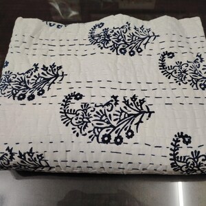 Floral Print Kantha Quilt: Reversible Indian Cotton Bedspread