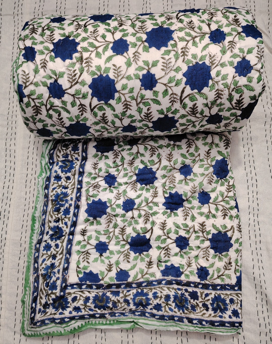 Blue - Kantha Stitch Fabric Cover Handmade Paper Notebook (7 x 5 in)