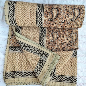 Floral Hand Block Print Kantha Quilt: Beige Vintage Bedspread
