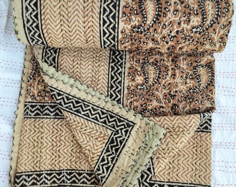Floral Hand Block Print Kantha Quilt: Beige Vintage Bedspread