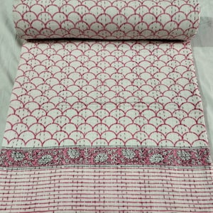 Block Print Pink Kantha Quilt: Handmade Reversible Cotton Bedspread