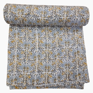 Floral Print Kantha Quilt: Reversible Hand Block Cotton Bedspread