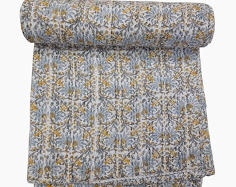 Yellow Floral Print Kantha Quilt: Reversible Hand Block Cotton King Size Bedspread