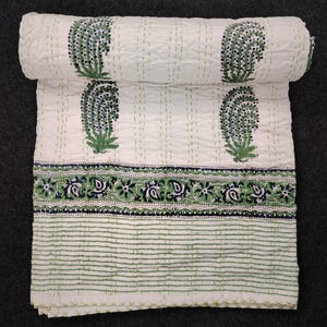 Green Hand Block Print Kantha Quilt: Indian Cotton Bedspread