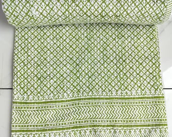 Handmade Green Kantha Quilt: Indian Cotton Bedspread, King Size