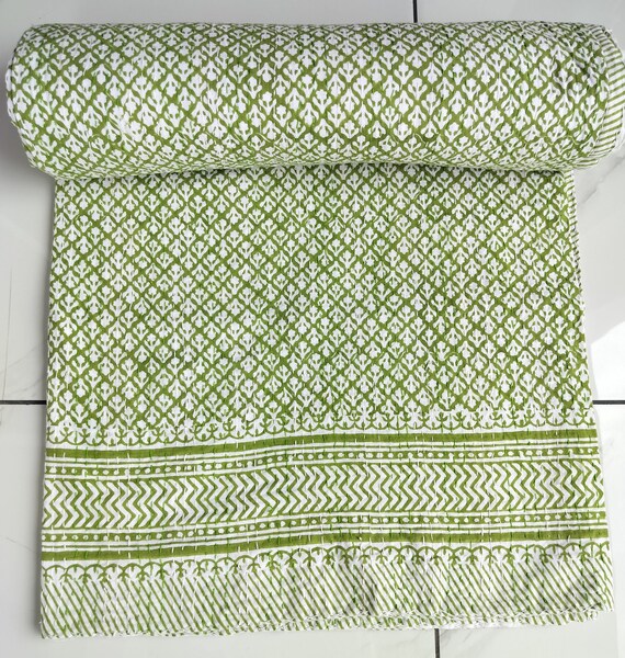 Lime Green Floral Hand Block Printed Cotton Kantha Throw -Double bed Size Lime Green Floral Hand Block Printed Cotton Kantha Throw -Double bed Size