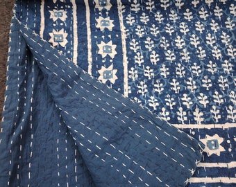 Edredón Kantha índigo tamaño king: colcha reversible de algodón indio