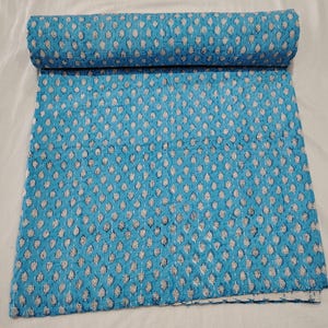 Hand Block Print Kantha Quilt: Reversible Floral Cotton Bedspread