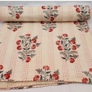 Handmade Kantha Quilt: Indian Block Print Cotton Bedspread