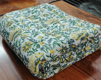 Yello-Green Handmade Floral Kantha Quilt: Indian Cotton Bedspread - King Size