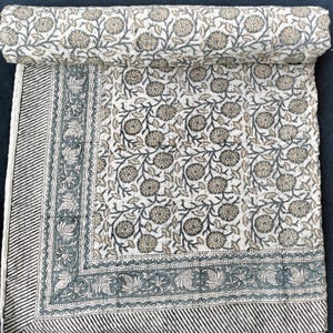 Gray Floral Kantha Quilt: Hand-stitched Indian Cotton Bedspread