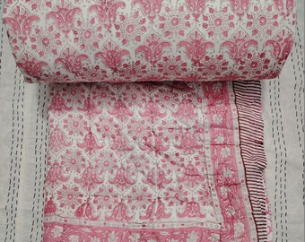 Pink Floral Block Print Quilt: Handmade Reversible Cotton Razai King Size Blanket