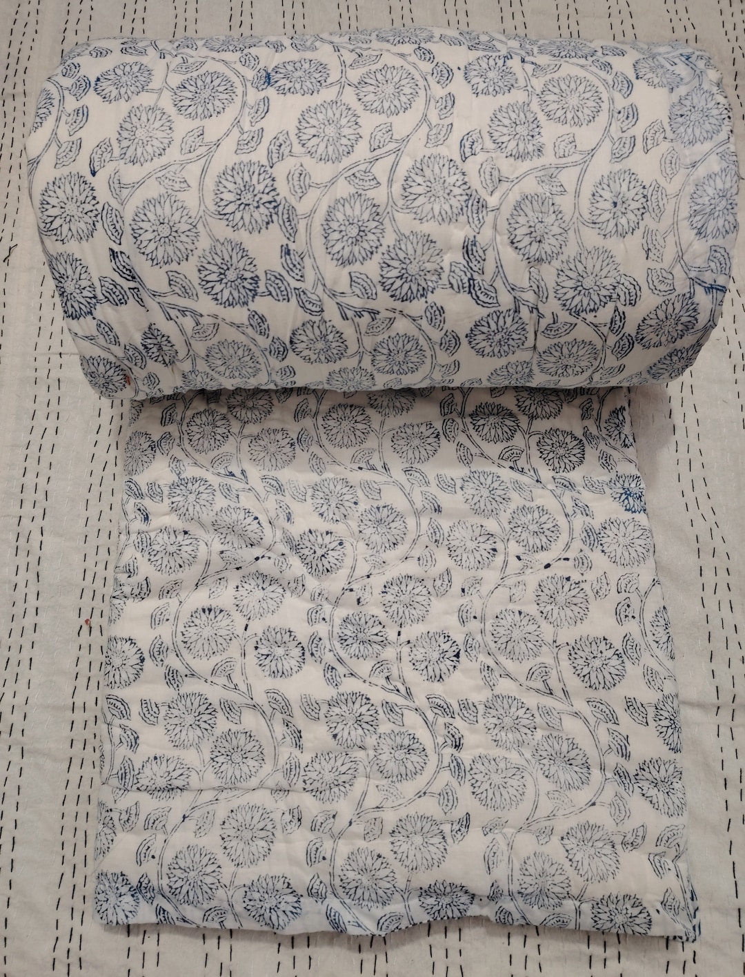 Indian Reversible Blue Quilts, Jaipuri Rajai, Soft Quilt, Hand Block