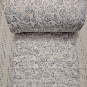 Blue Floral Hand Block Print Quilt: Reversible Cotton Indian Blanket
