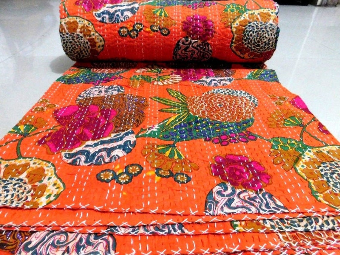 Indian Cotton Kantha Quilts Throw Bedspread Handmade Bedding Etsy