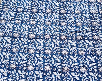 Blue Floral Kantha Quilt: Handmade Indian Cotton Bedspread King/Queen/Twin Hand Block Quilt