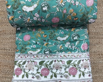Block Print Quilt, Quilt aus 100% Baumwolle, Reversible Handmade Quilt, Jaipur Mazedonien, Decken, Bettwäsche, Kantha Quilt, Indian Quilt King Size