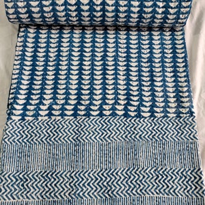 Indigo Hand Block Printed Kantha Quilt: Bohemian Cotton Bedspread