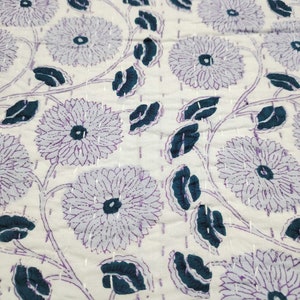 Hand Block Printed Floral Kantha Quilt: Organic Cotton Reversible Bedspread