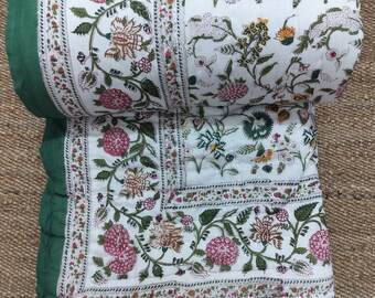 Neue indische Handblockdruck-Steppdecke aus Baumwolle, Jaipuri-Steppdecke mit Blumendruck, weiche Baumwolldecke