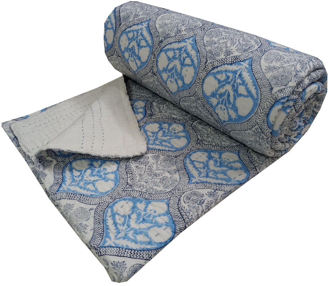 Blue Floral Block Print Kantha Quilt | Handmade Indian Bedspread - Etsy