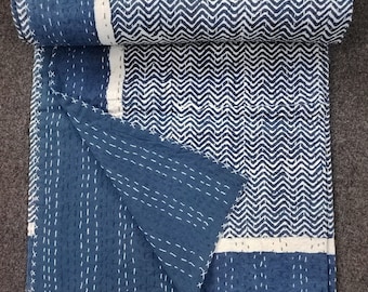 Edredón Kantha de algodón índigo tamaño king: colcha india azul hecha a mano
