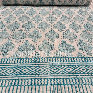 Turquoise Block Print Kantha Quilt: Indian Floral Cotton Bedding
