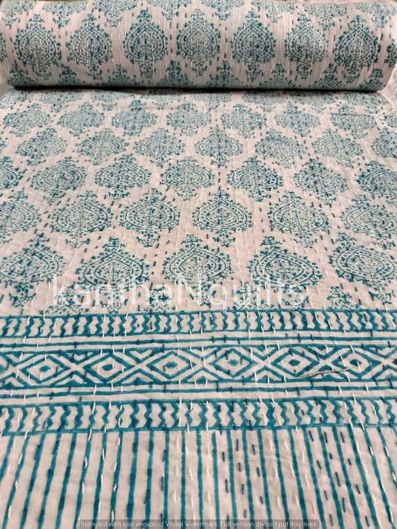Turquoise Paisley Hand Block Printed Cotton Kantha Throw - Double bed Size Turquoise Paisley Hand Block Printed Cotton Kantha Throw - Double bed Size