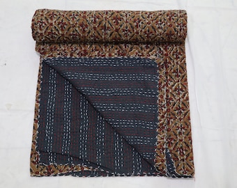 Floral Hand Block Print Kantha Quilt: Bohemian Queen Bedspread