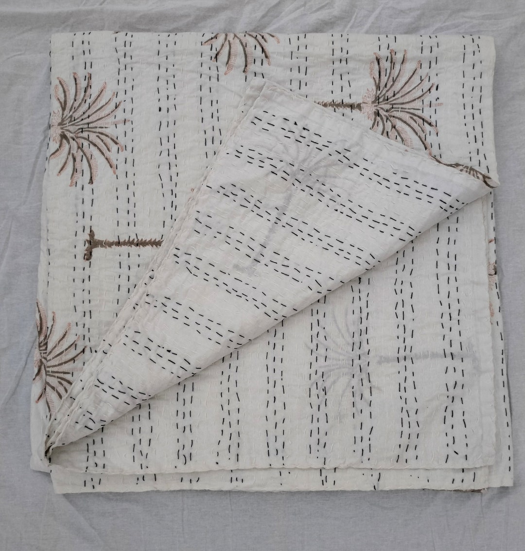 Indian Cotton Kantha Quilt /palm Tree Printed Bedspreads/ Bed Cove