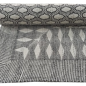 Block Print Kantha Quilt: Handmade Reversible Cotton Queen Bedspread