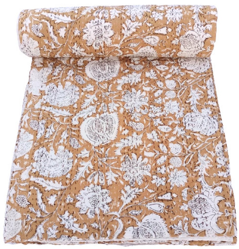 Beautiful Grey Leafy Print kantha quilt Indian hand block print kantha quilt Reversible cotton Bedding Bedspread King Size Kantha Gudari 2